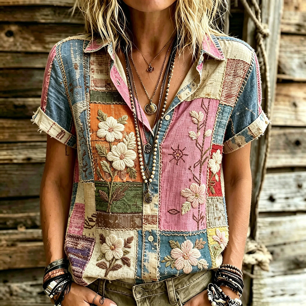 Women's Retro Bohemian Hippie Style Floral Patchwork Embroidered Print Short-sleeve Shirt