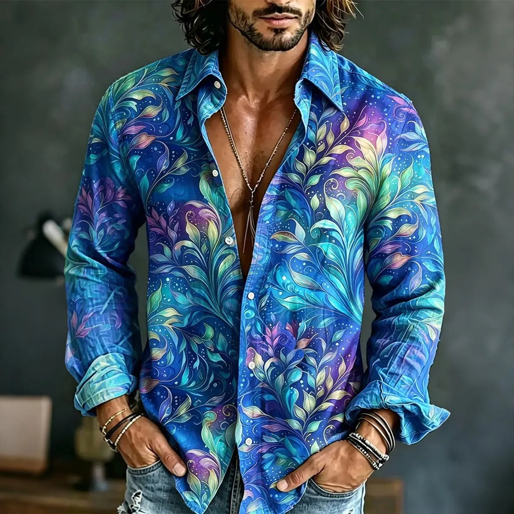 Men's Hippie Floral Art Print Long Sleeves Linen Shirt