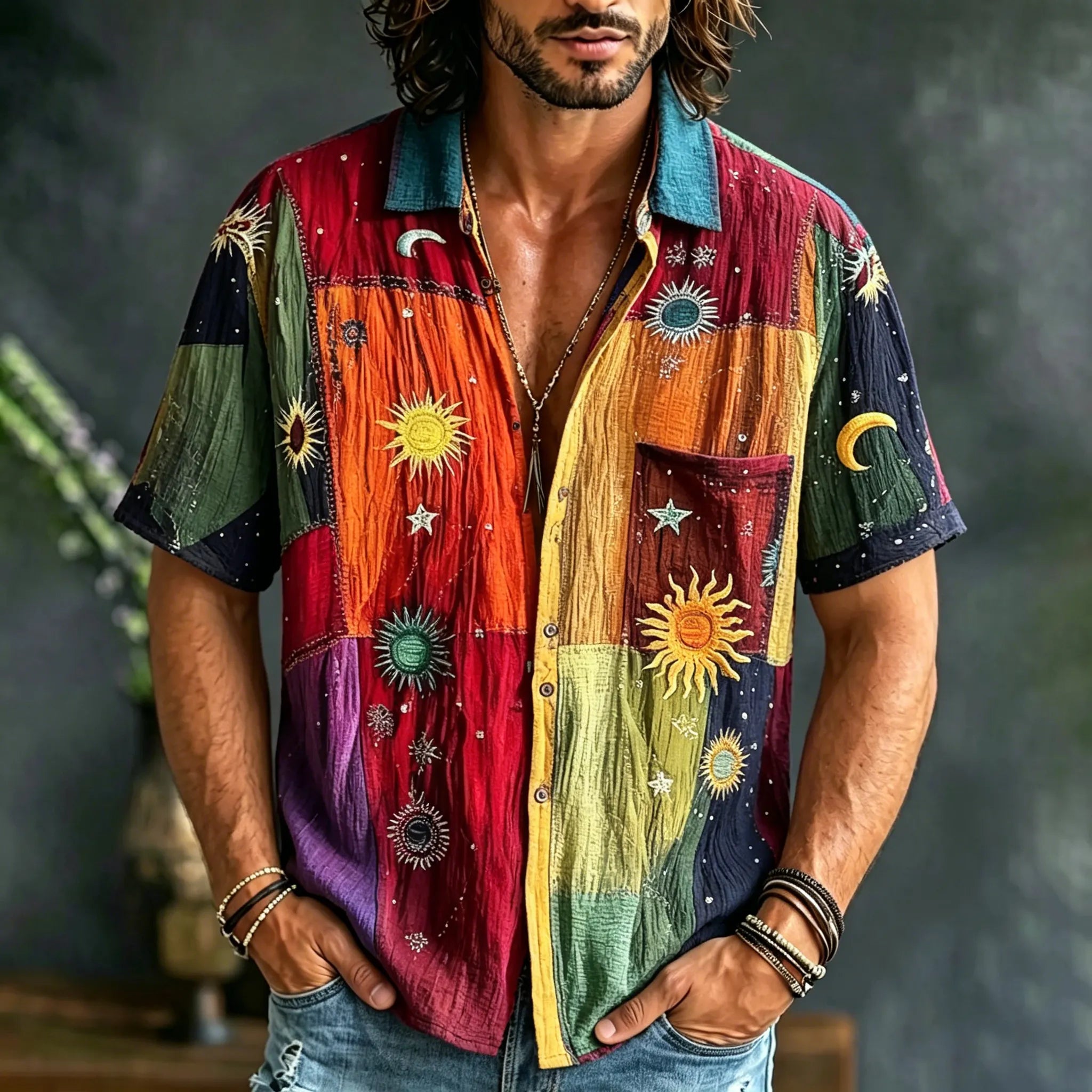 Men's Hippie Patchwork Moon Sun Art Print Shirt