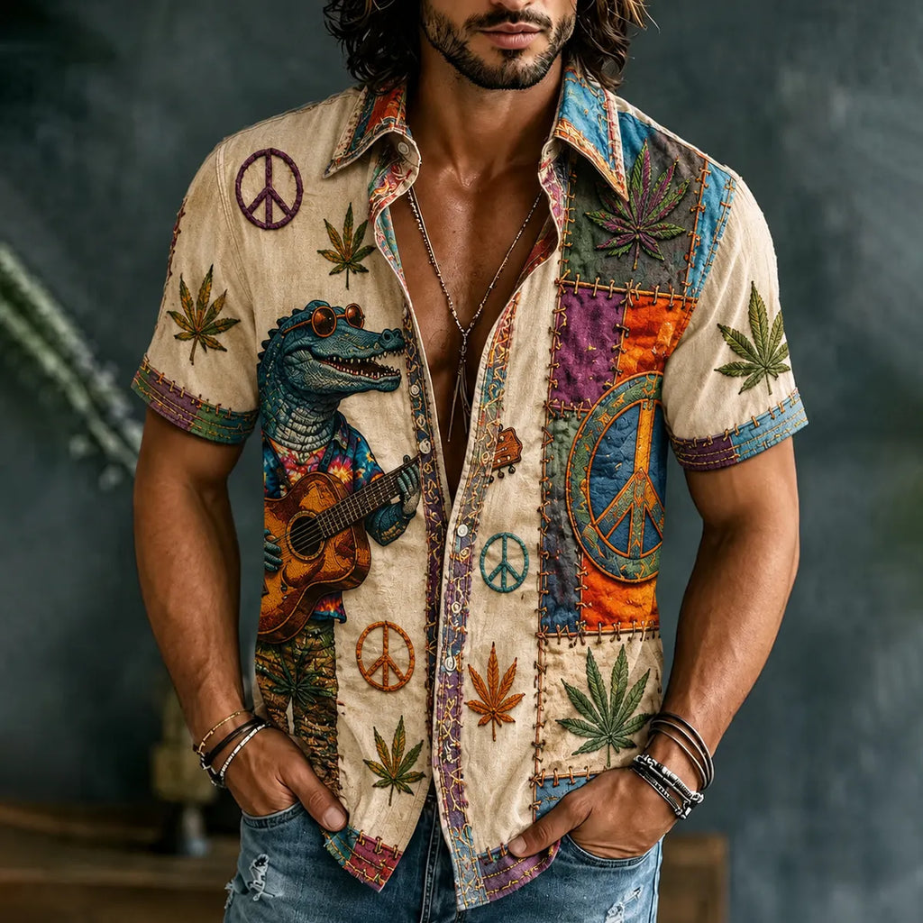 Men's Hippie Fun Crocodile Playing Guitar Art Print Casual Shirt