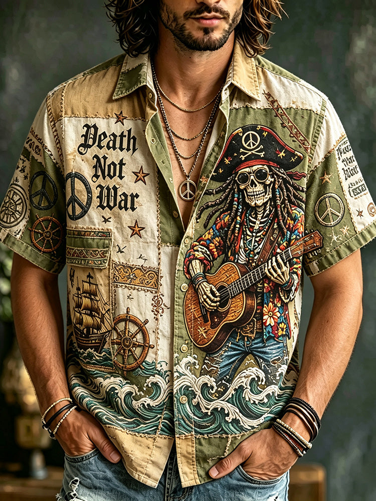 Men's Retro Hippie Guitar Nautical Skull Wave Design Short-sleeve Shirt