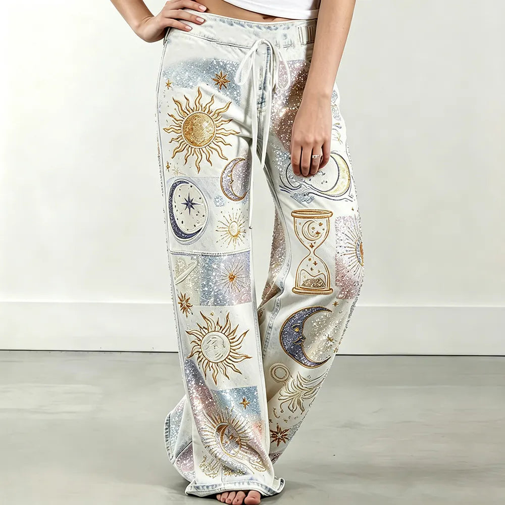 Vintage Cosmic Rhinestone Astrology Wide Leg Jeans | Boho Festival Flare Denim Pants With Sun Moon Star Sparkly Graphic