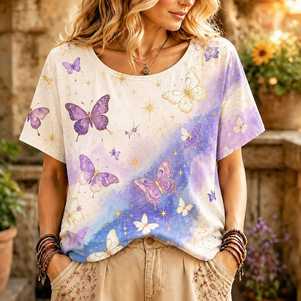 Women's Casual Crew Neck Short Sleeve T-shirt With Purple Butterfly And Watercolor Splatter Pattern