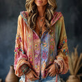 Women's Autumn And Winter Retro Hippie Floral Art Flowy Linen Blend Hooded Zipper Tops