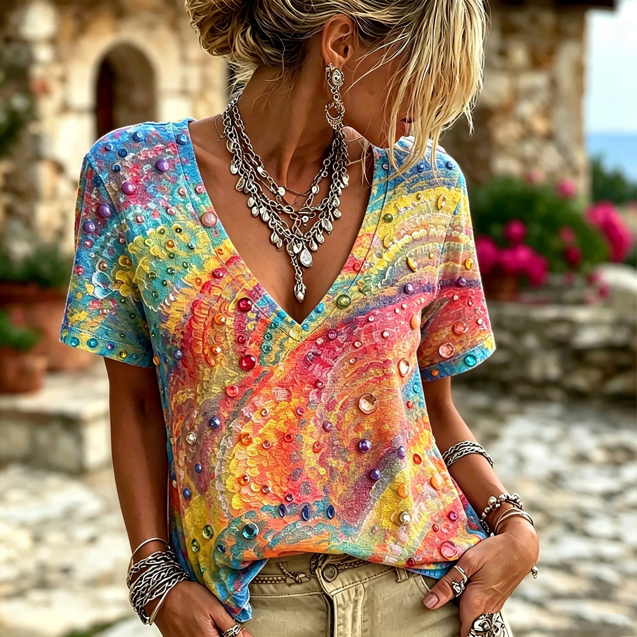 Women's Retro Bohemian Hippie Style Printed V-neck Short-sleeve Top