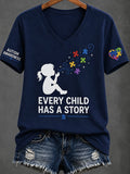 Women'S Casual V-Neck Top With Autism Awareness Print