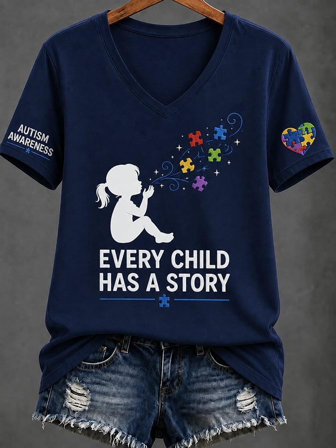 Women'S Casual V-Neck Top With Autism Awareness Print
