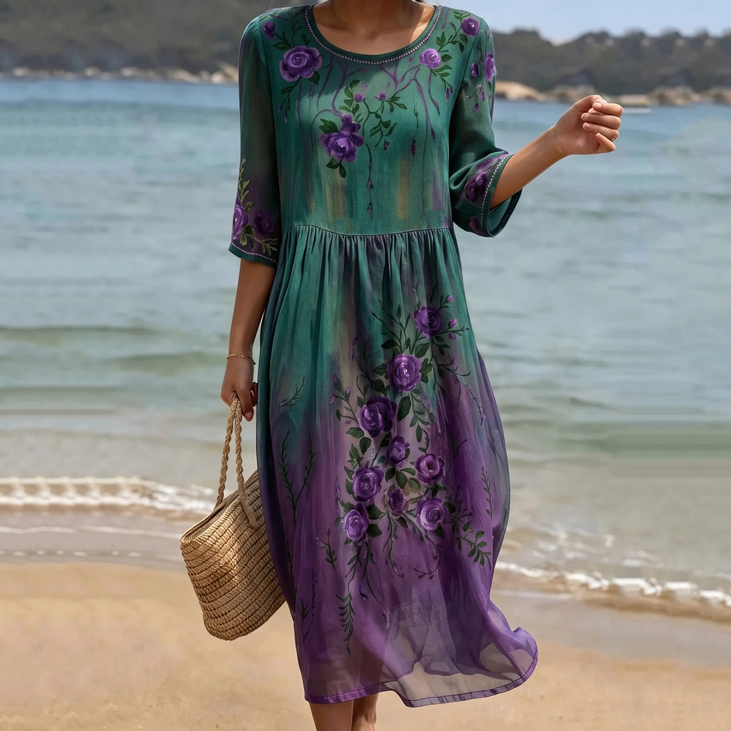 Women's Purple Rose Floral Gradient Pattern Mid-sleeve Casual Dress