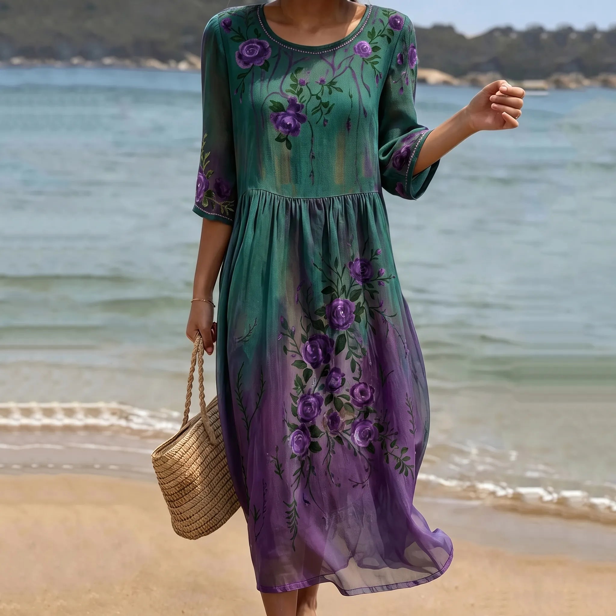 Women's Purple Rose Floral Gradient Pattern Mid-sleeve Casual Dress