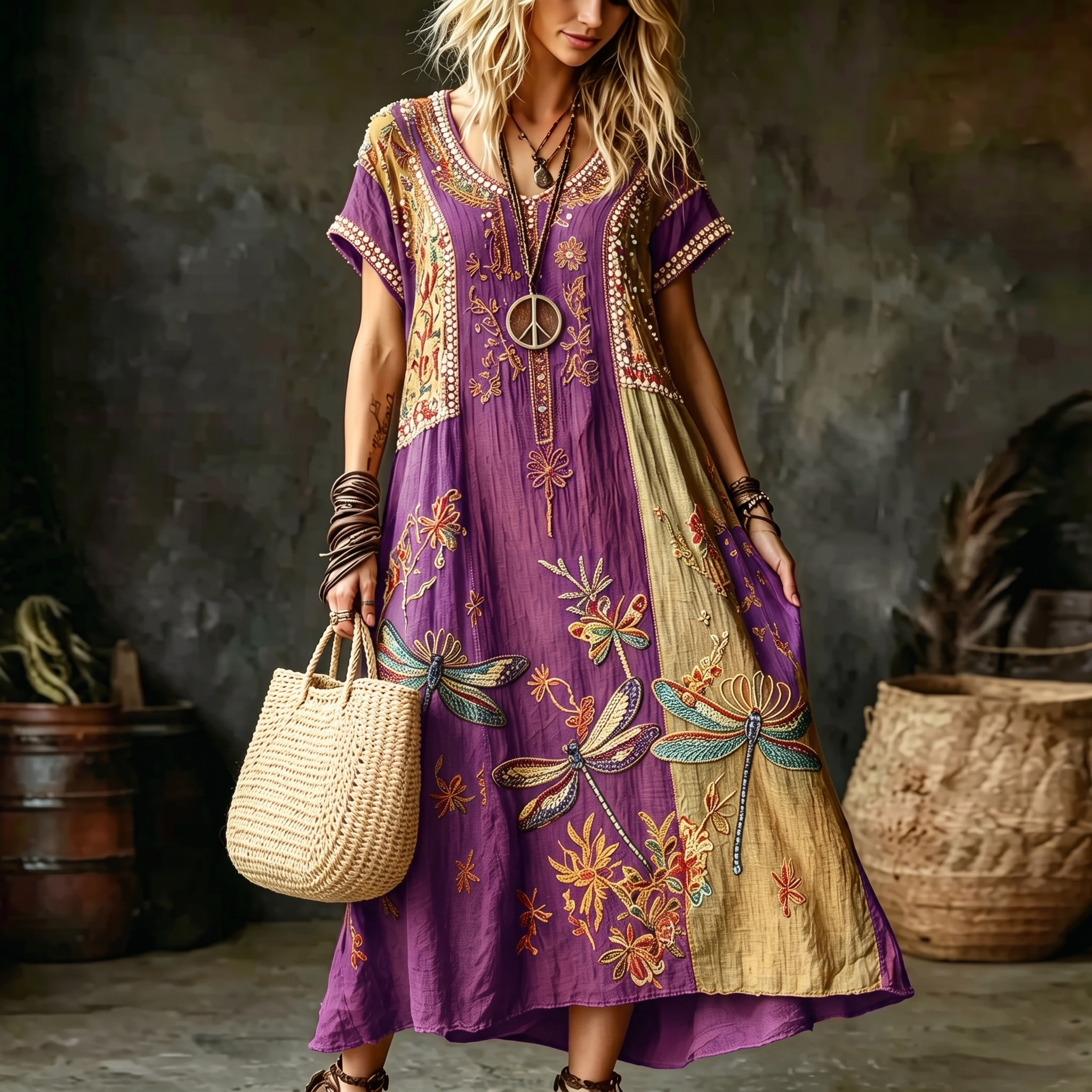 Women's Vintage Hippie Floral And Dragonfly In Patchwork Pattern Art Embroidered Linen Blend Maxi Dress