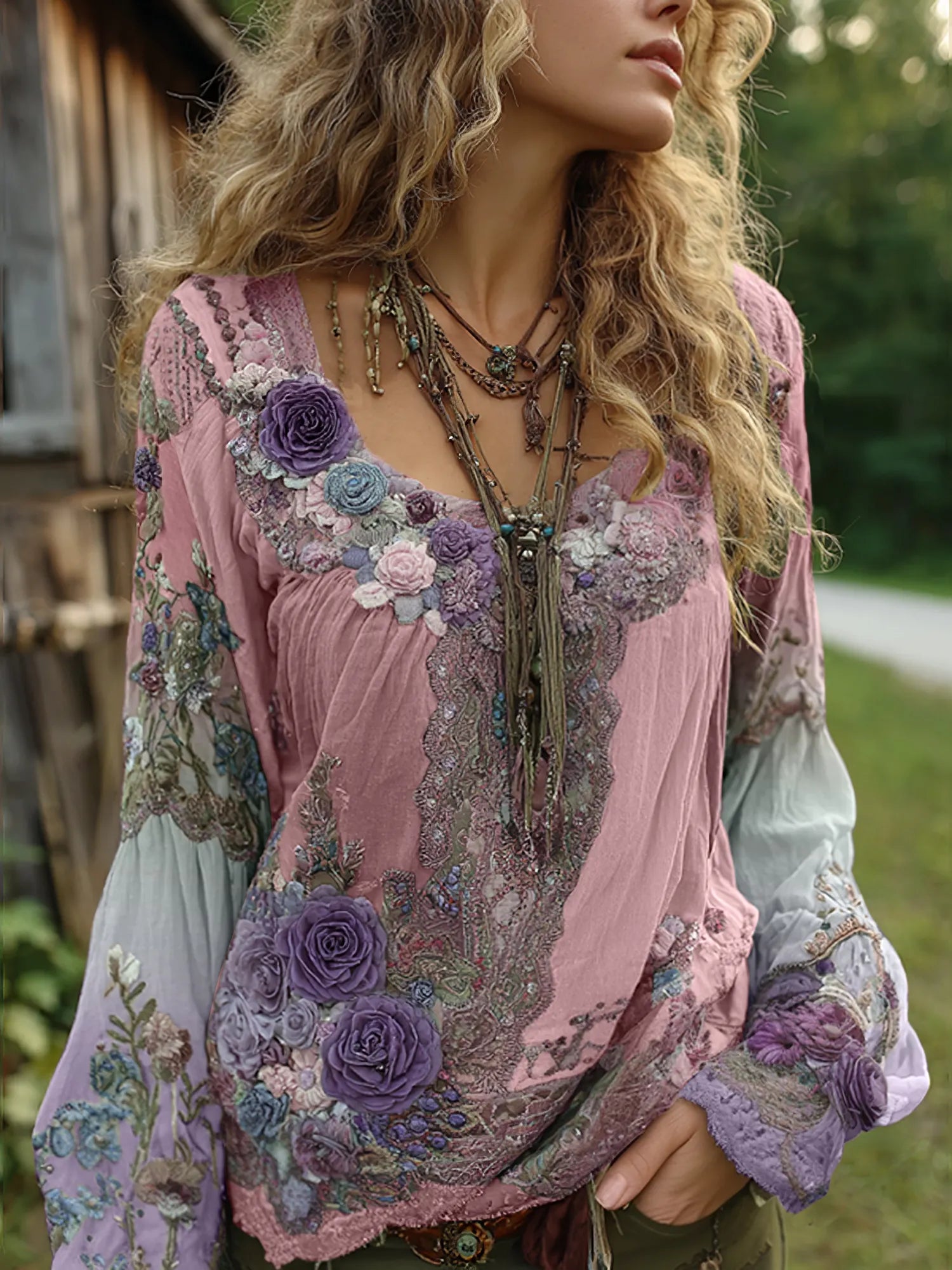 Vintage Purple Lavender And Floral Embroidered Linen Long Sleeve Shirt