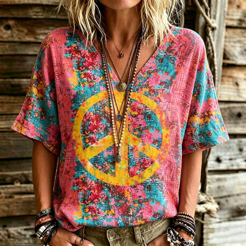 Retro Hippie Colorful Tie-dye Peace Symbol V-neck T-shirt