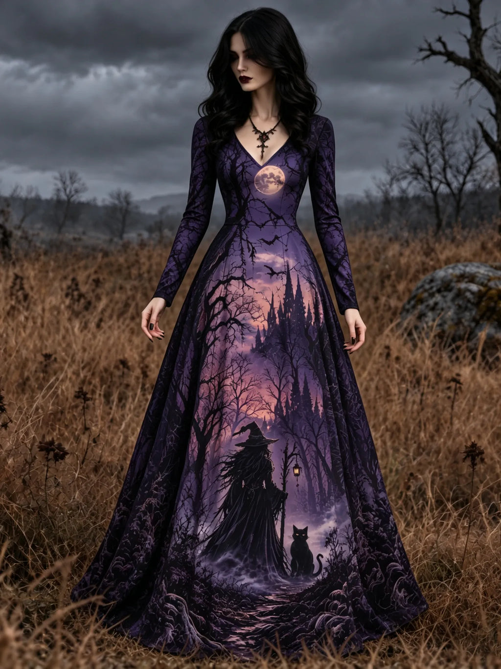 Women's Halloween Wizard Black Cat Vintage Art Comfy Maxi Dress