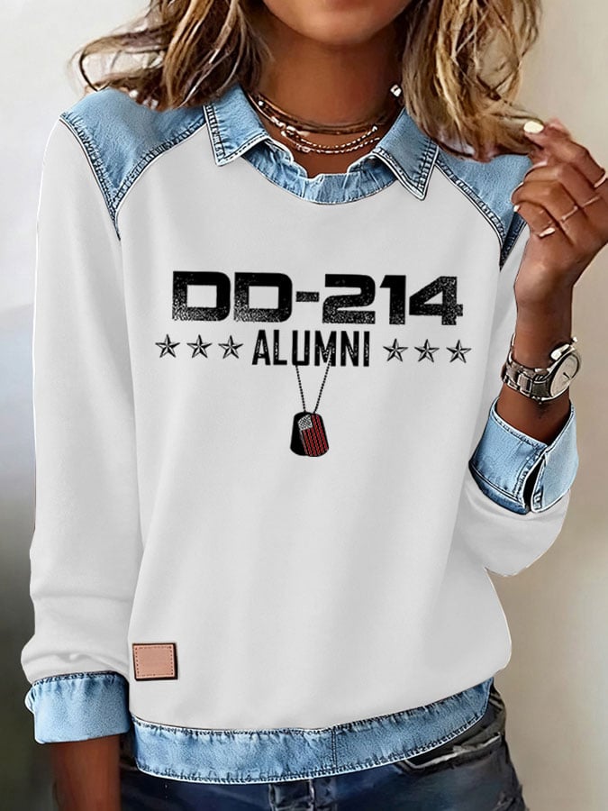 Women's Veteran Print Lapel Long Sleeve Top