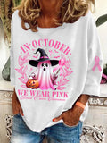 Women's In October We Wear Pink Halloween Ghost Breast Cancer Awareness Warrior Top