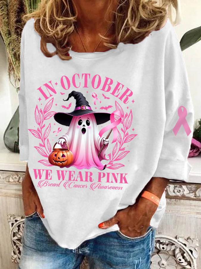 Women's In October We Wear Pink Halloween Ghost Breast Cancer Awareness Warrior Top