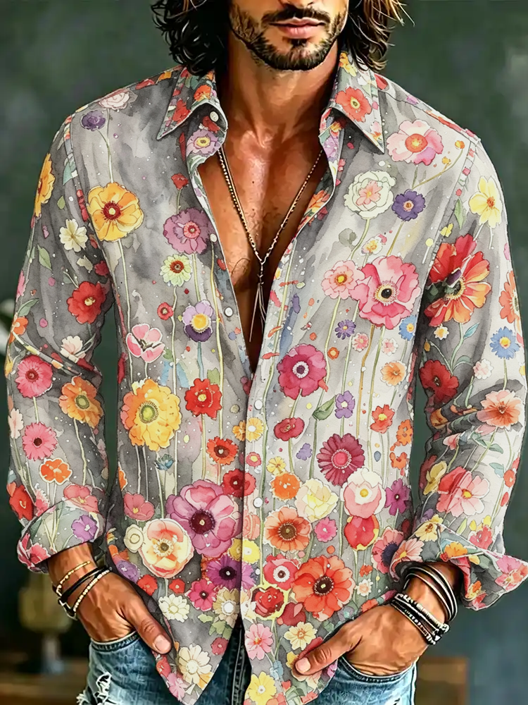Men's Vintage Hippie Floral Art Print Long Sleeves Linen Shirt