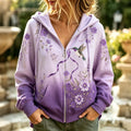 Women's Vintage  Flowers And Hummingbirds Alzheimer's Awareness Support Casual Zip-up Hoodie