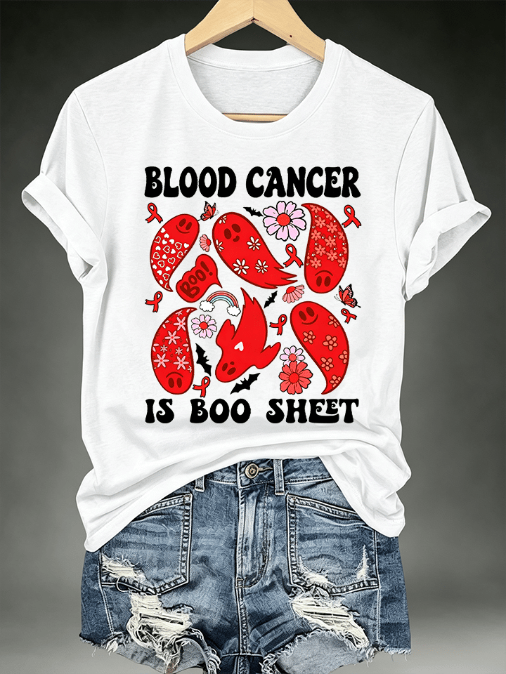 Women's Blood Cancer Awareness Red Ribbon Cute Ghosts Halloween Support Artwork T-Shirt