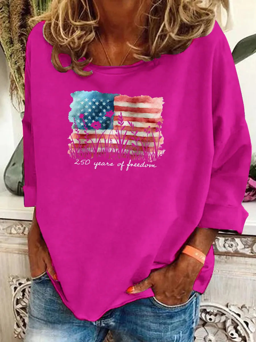 Women's Watercolor 250 Years Of Freedom Pattern Long Sleeve T-Shirt