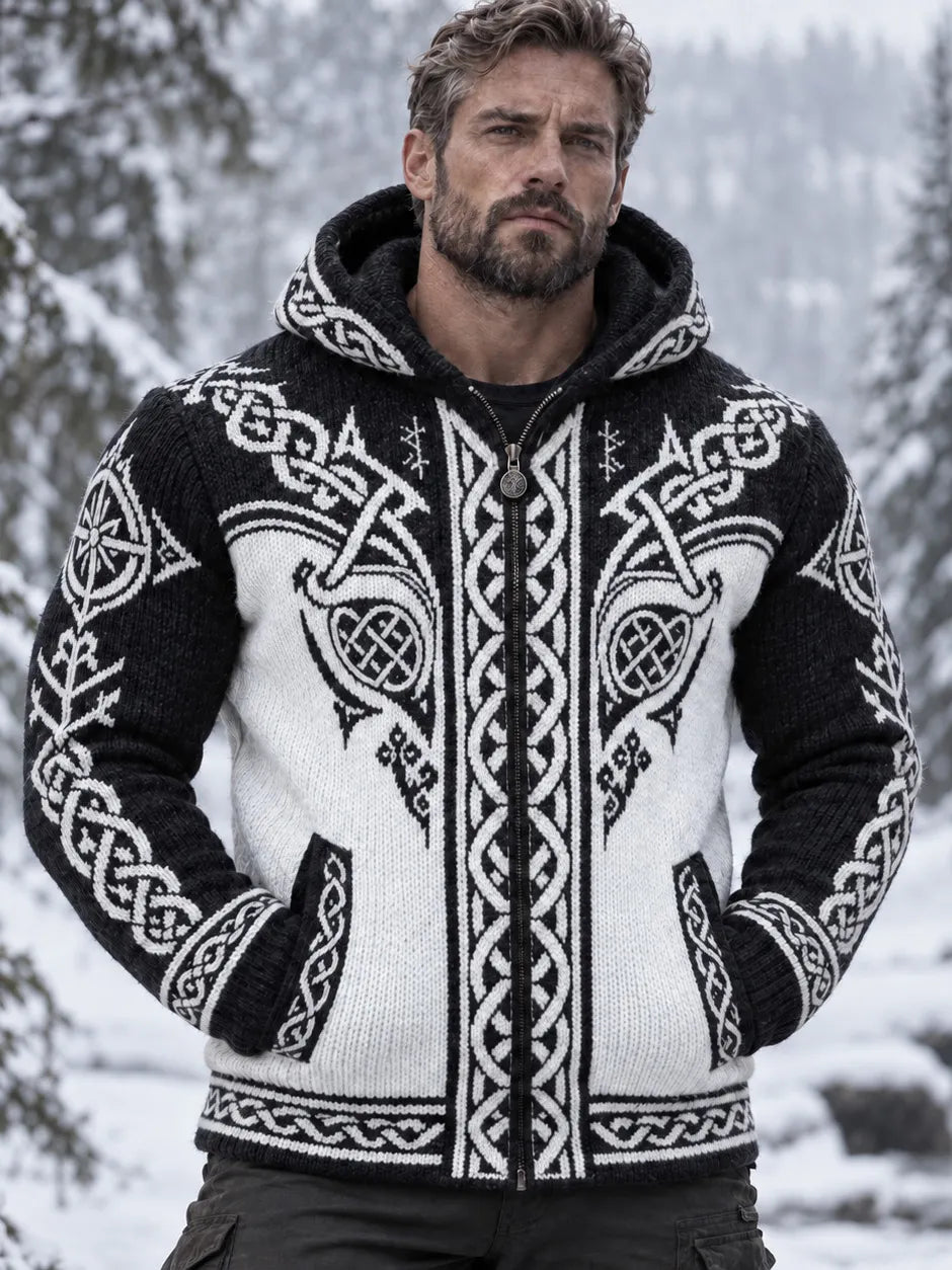Men's Retro Geometry Viking Pattern Zip-up Cozy Hooded Sweater