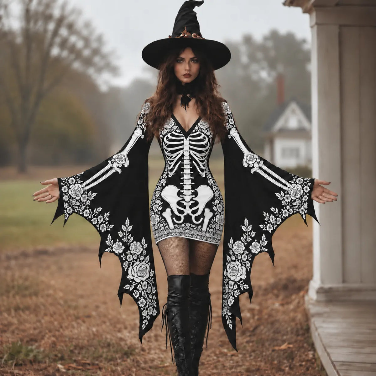 Women's Gothic Skeleton With White Roses Batwing Flare Sleeve Lace‐up Bodycon Dress – Halloween Costume