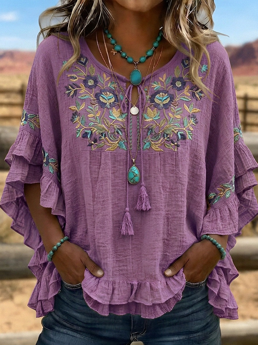 Women's Western Vintage Floral Embroidered Ruffle Sleeve Top