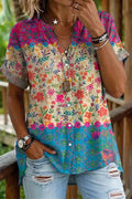 Ethnic-style patchwork floral print women's casual cotton and linen shirt