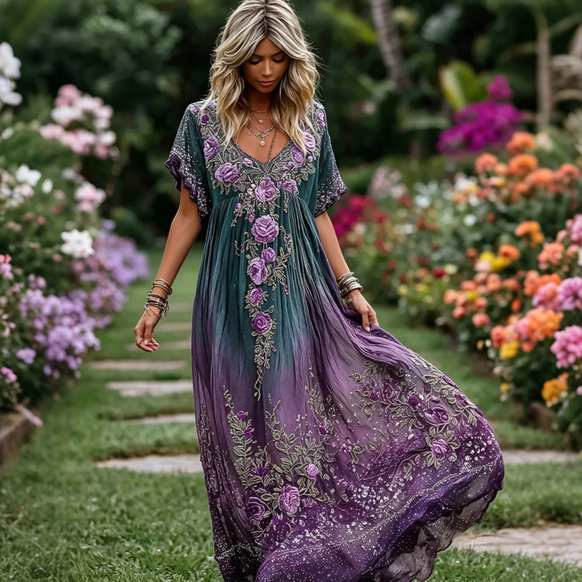 Women's Purple Floral Print Alzheimer's Awareness Casual Dress