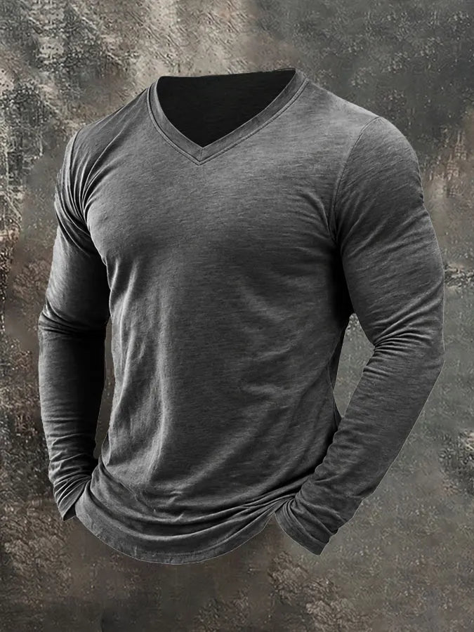 Men's Plain Casual V-Neck Long Sleeve T-Shirt