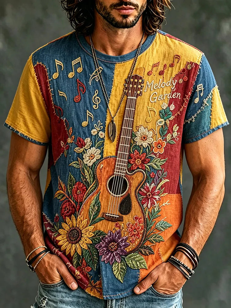 Men's Guitar Floral Patchwork Hippie T-shirt