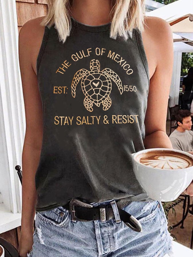 Women’s Retro Gulf Of Mexico Est 1550 Stay Salty And Resist Print Tank Top