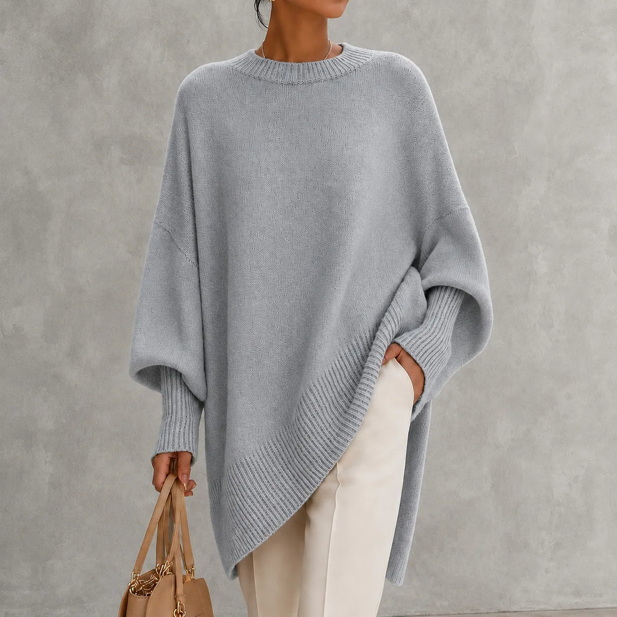 Elegant Solid Color Crew Neck Pullover Knit Sweater