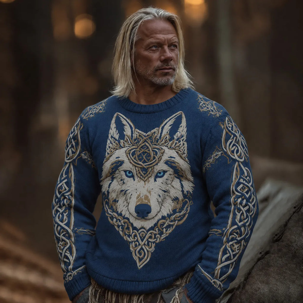 Men's Vintage Viking Wolf Art Print Cozy Sweater