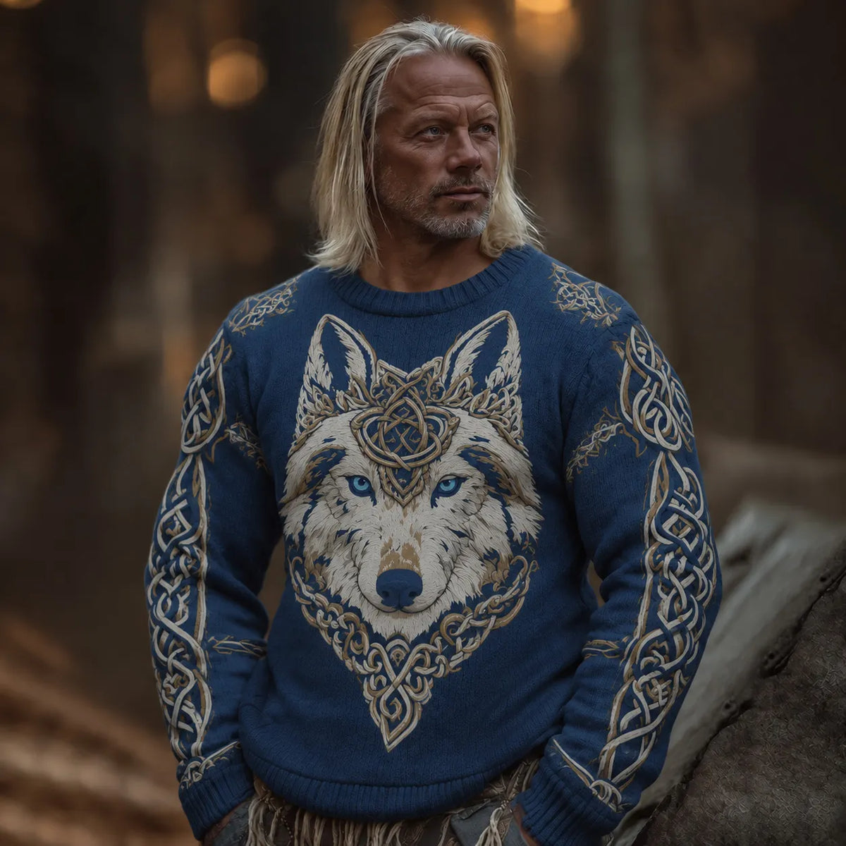 Men's Vintage Viking Wolf Art Print Cozy Sweater