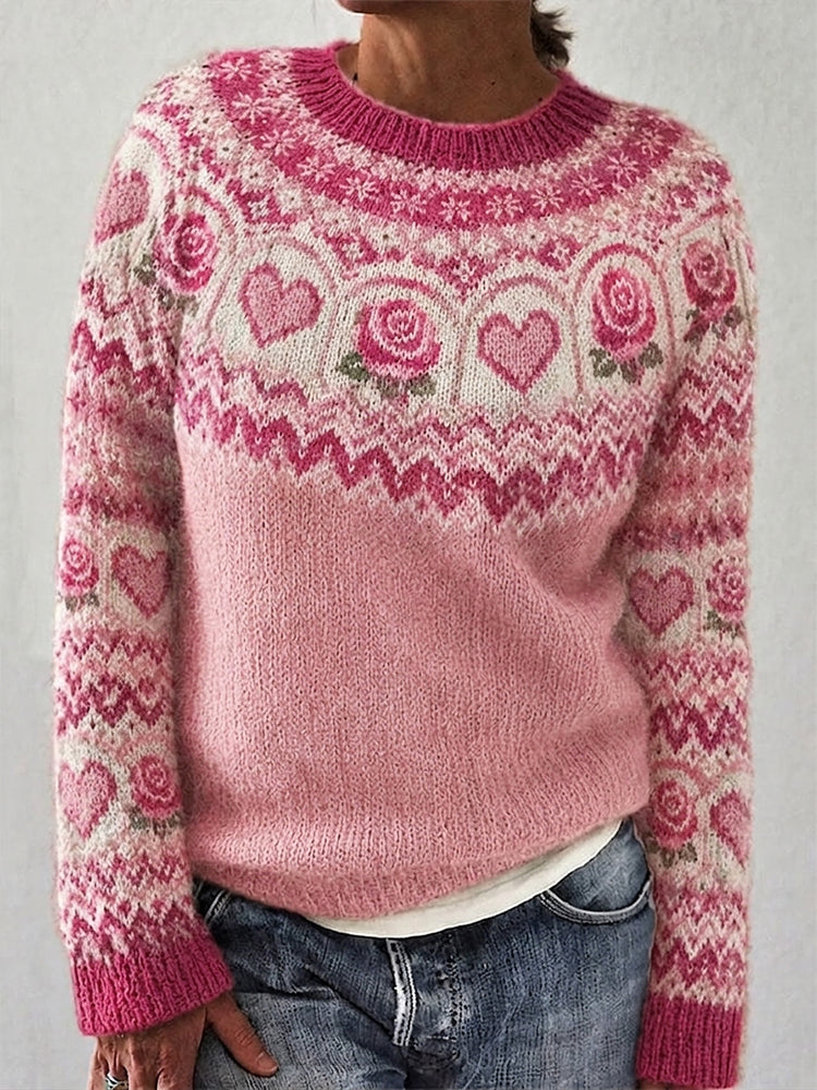 Women's Breast Cancer Awareness Month Rose Heart Graphic Icelandic Sweater