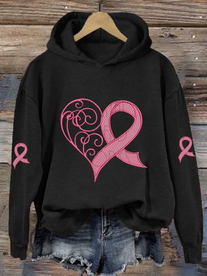 Women's Breast Cancer Awareness Heart Ribbon Print Sweatshirt