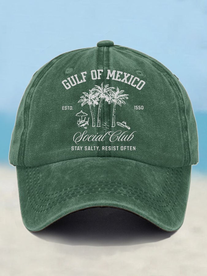 Retro Gulf Of Mexico Social Club Stay Salty Resist Often Est 1550 Printed Baseball Cap