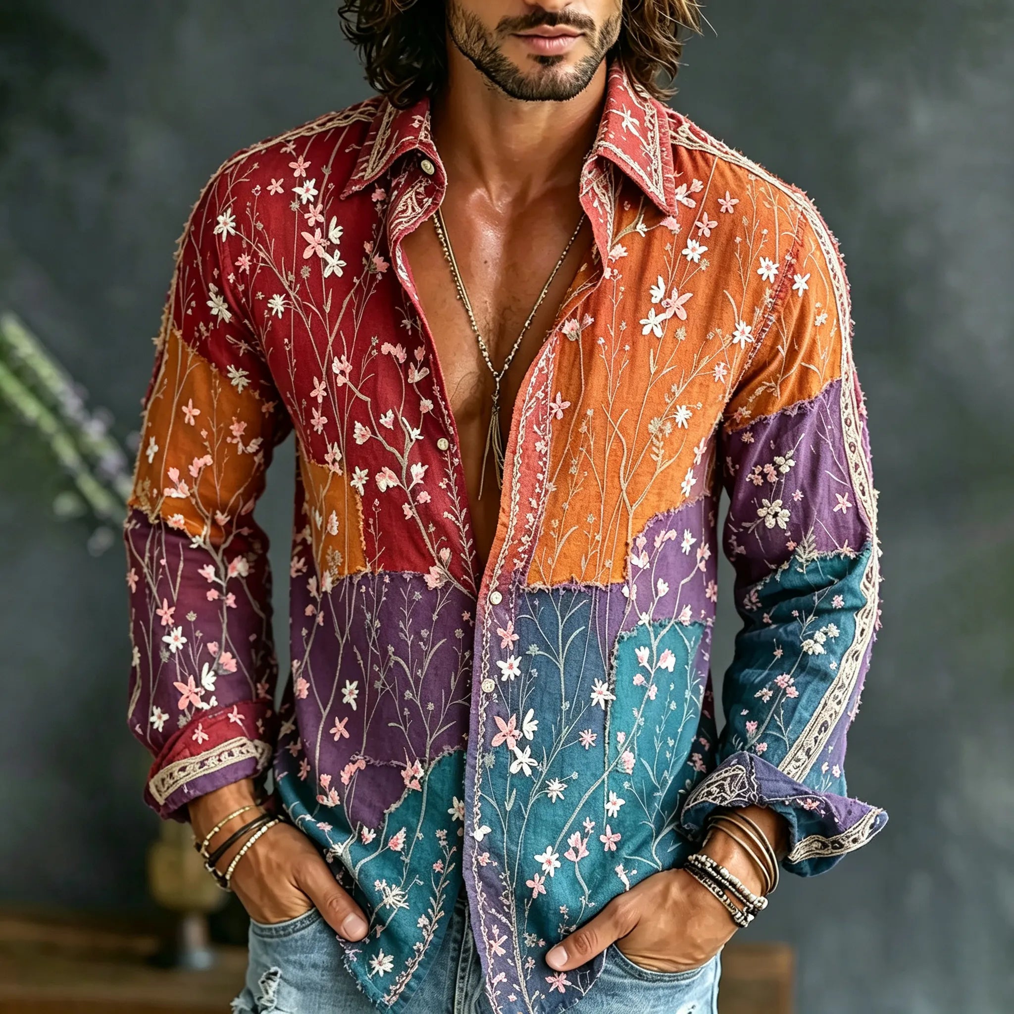 Men's Vintage Spring Floral In Hippie Vibe Embroidered Art Print Flowy Linen Blend Casual Shirt