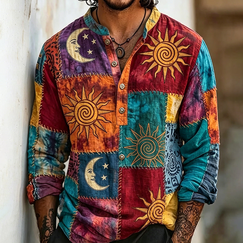 Men's Boho Tie Dye Sun Moon Spiral Patchwork Art Print Half Button Long Sleeve Shirt