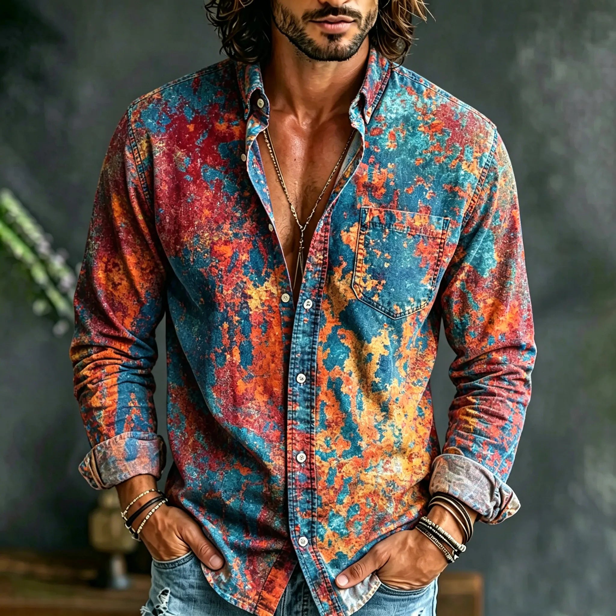 Men's Retro Tie-dye Design Cotton Linen Shirt