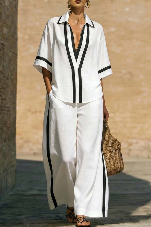 Casual Color-Blocked Short-Sleeved Shirt And Wide-Leg Pants Two-Piece Set