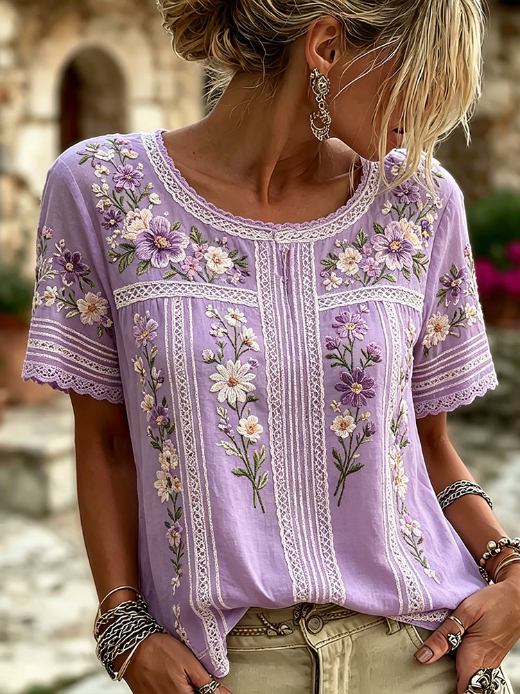 Women's Small Floral And Lace Art Splicing Washed Cotton Linen Casual Crew Neck Top