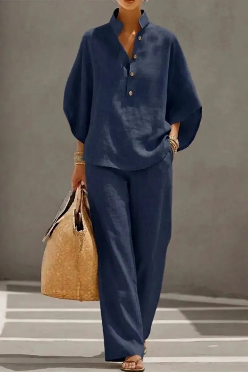🔥 49% OFF🔥Women's Batwing Sleeve Linen Cotton Two-Piece Set – Casual Shirt & Wide Leg Pants Outfit