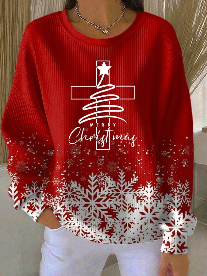 Women's Merry Christmas Faith Print Knit Crew Neck Long Sleeve Top