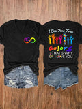 V-neck Infinity Love Autism Awareness I See Your True Colors Hands Print T-Shirt