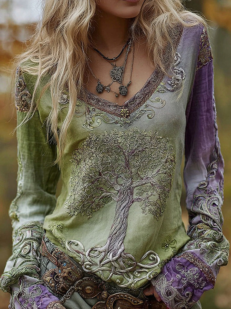 Women's Vintage Viking Tree Of Life Pattern Casual Long-sleeve T-shirt