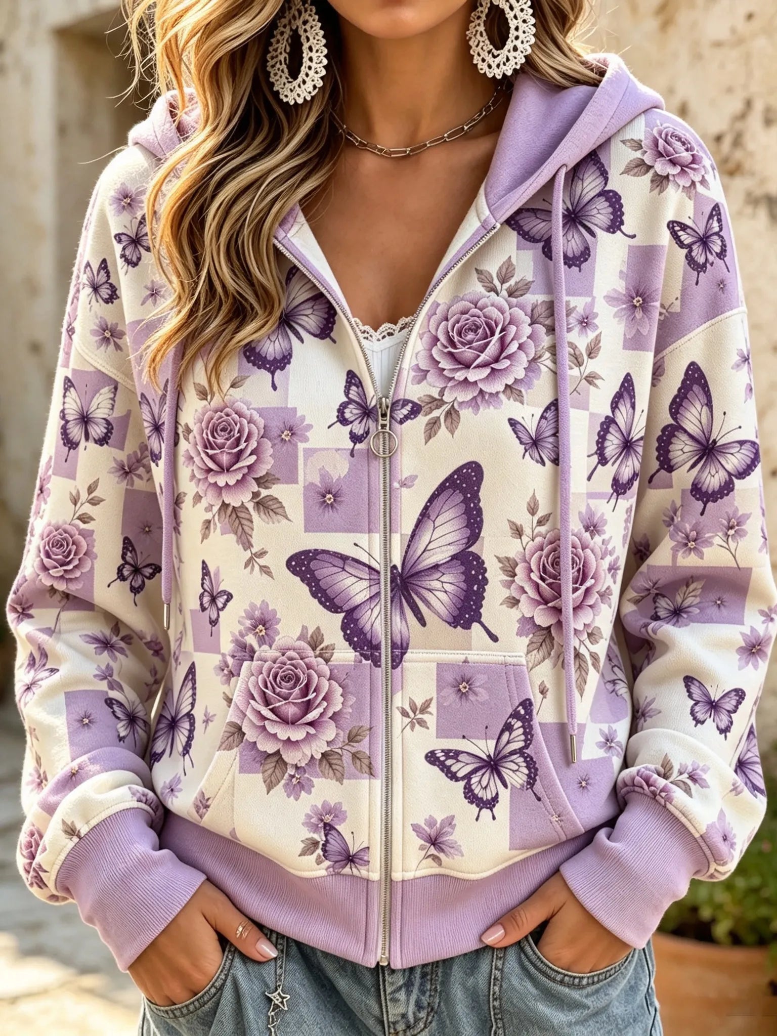 Women's Vintage Floral Butterfly Art Casual Zip-up Hoodie