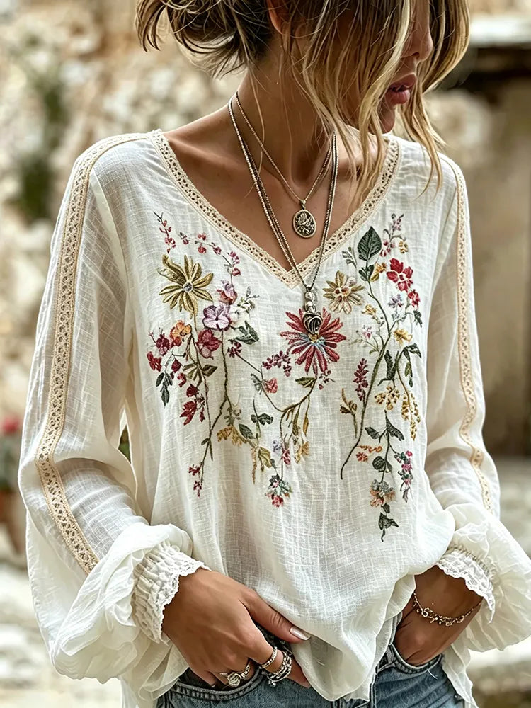 Women's Retro Bohemian Floral Art Flowy Linen Blend Linen Tops