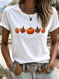 Women's Pumpkin Maple Leaf Print Crew Neck T-Shirt